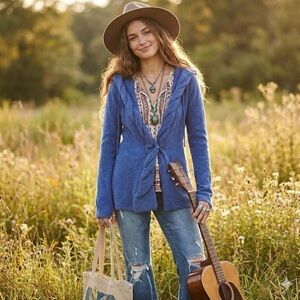 Vintage 100% wool Blue Knit Cardigan Size S